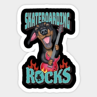 Fun Doxie Dog with guitar on a Dachshund Skateboarding Rocks tee Sticker